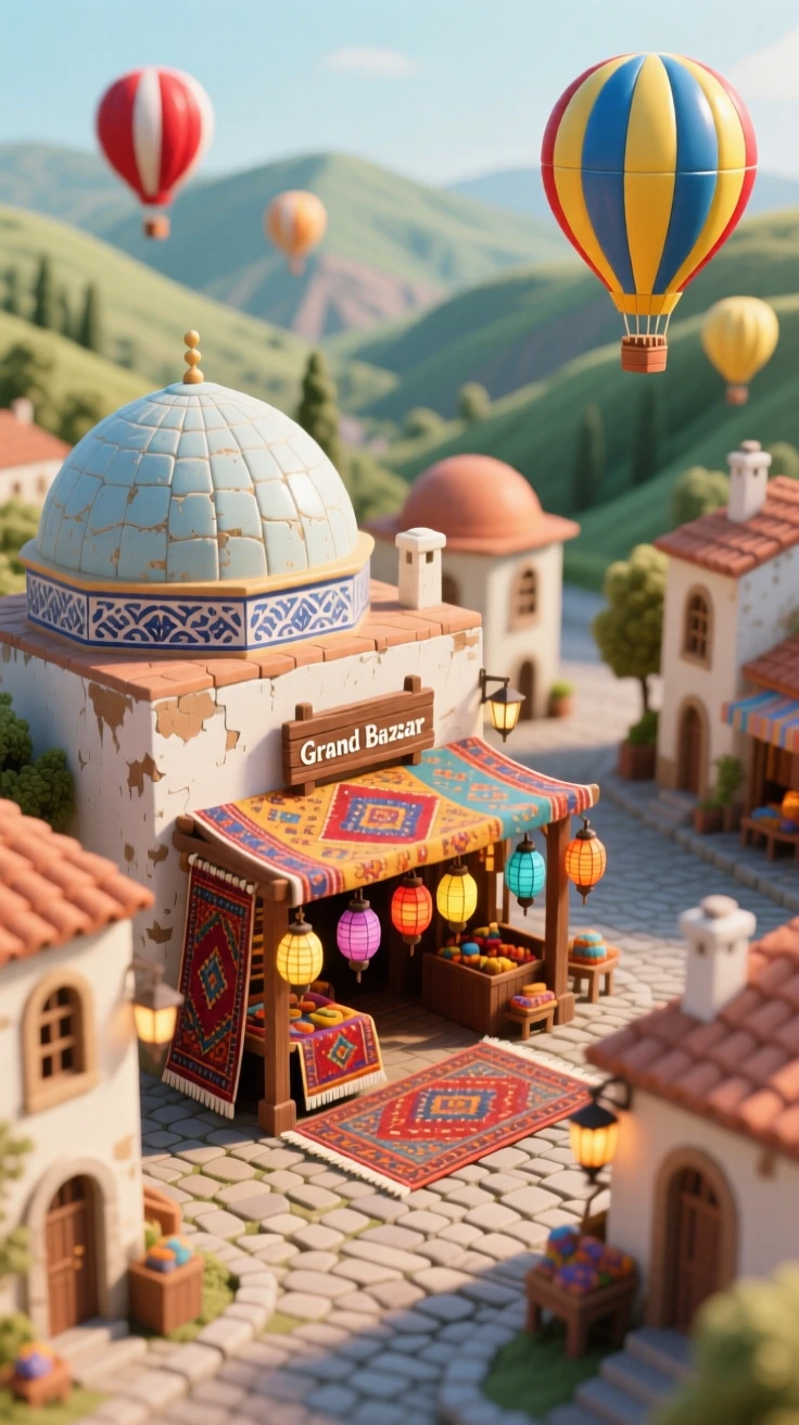 A miniature Turkish village with domed rooftops, a bustling bazaar filled with lanterns and rugs, and hot air balloons drifting over distant valleys.