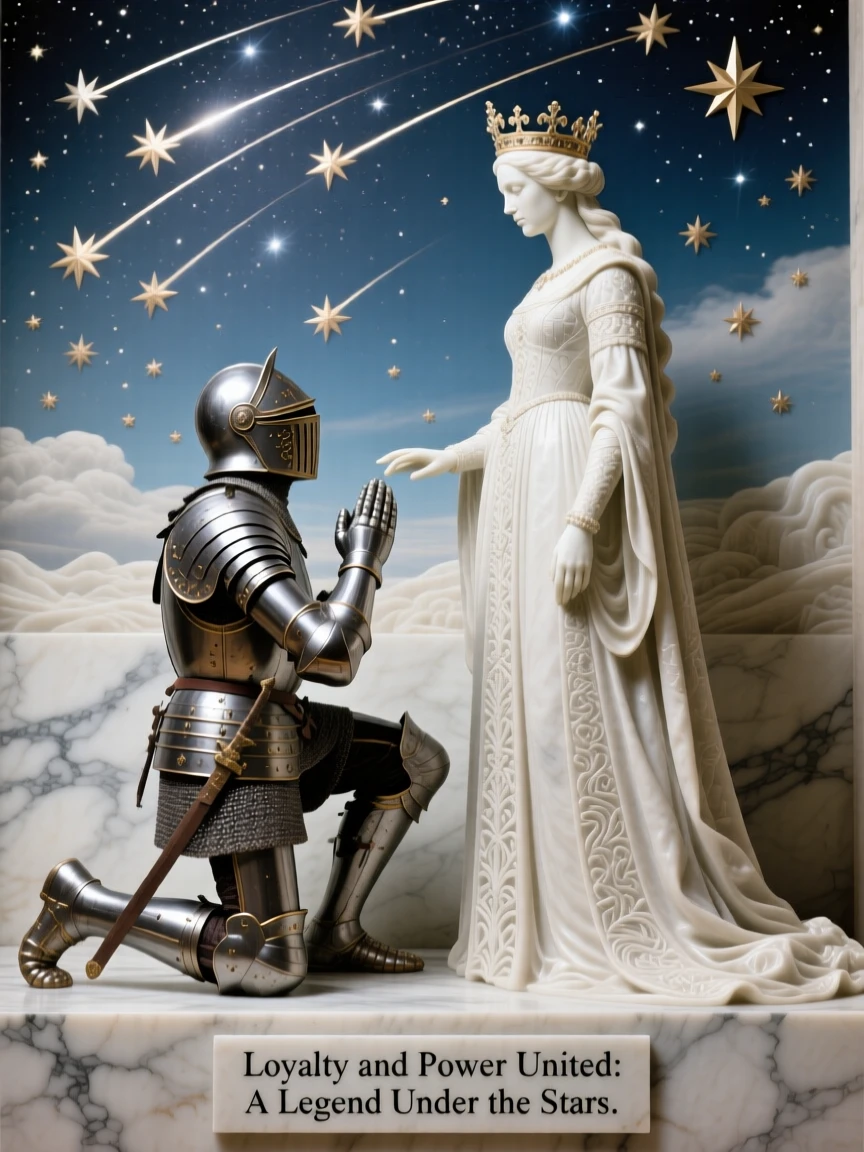 A knight kneeling before a queen, under a sky filled with shooting stars, radiating power and legend
