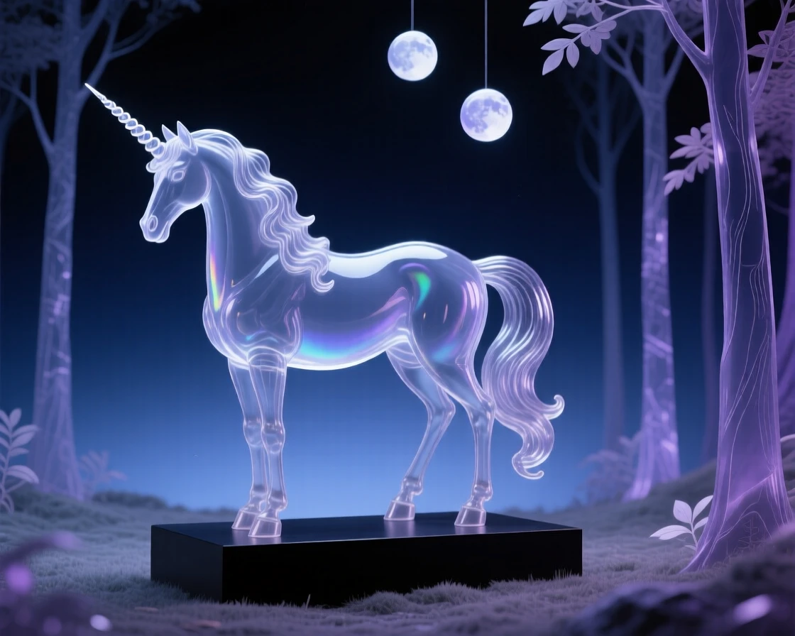 A unicorn standing in an enchanted forest clearing under a twilight sky filled with two moons, atmospheric fog rolling through the scene, feeling mysterious and enchanting.