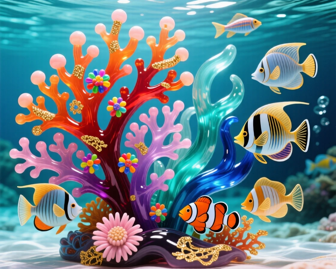 A vibrant coral reef teeming with tropical fish under crystal-clear water, vivid and alive.