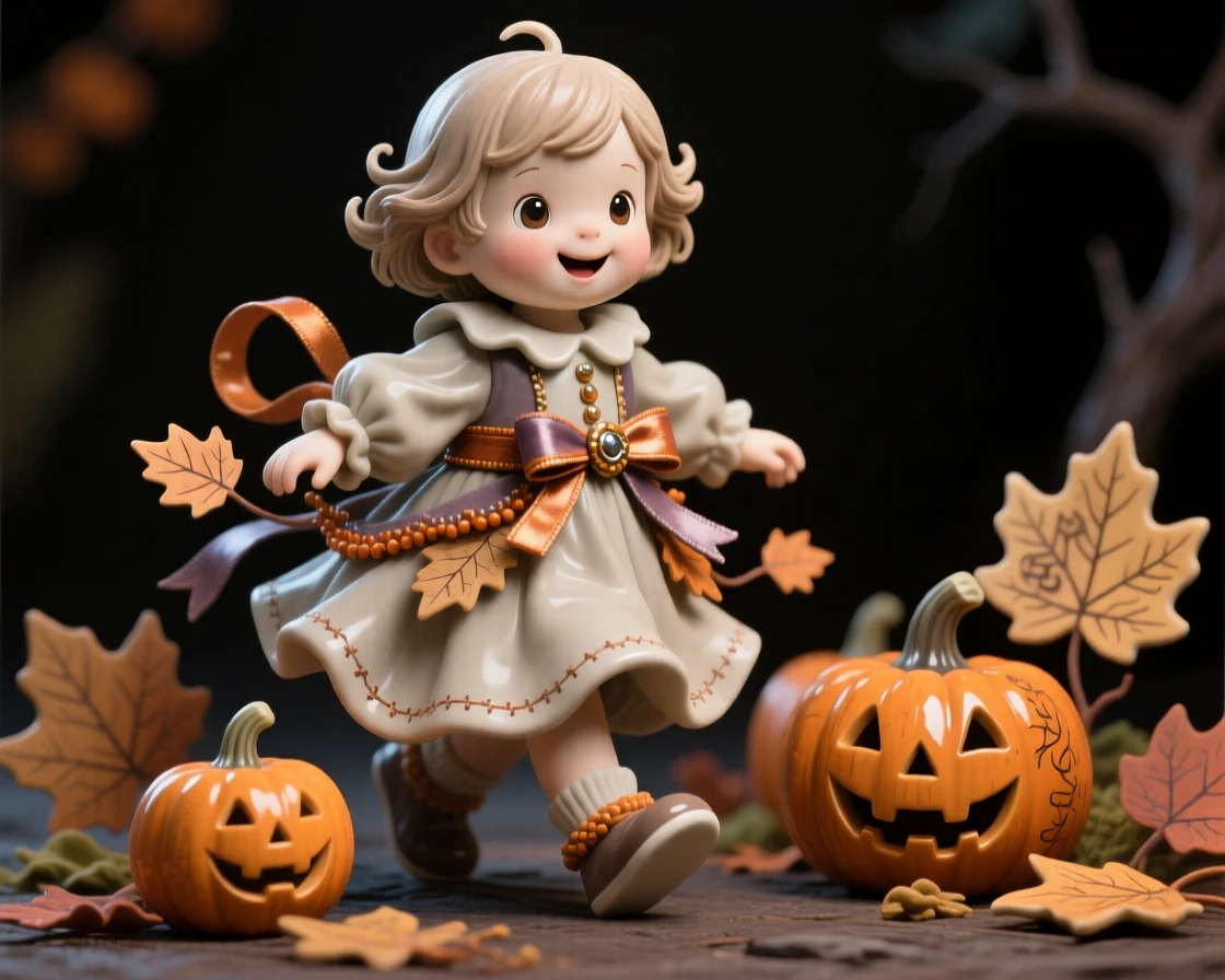 A trick-or-treating child in a whimsical costume posed amid seasonal decorations, wrapped in ribbons and festive trimmings, evoking festive joy and warm togetherness.
