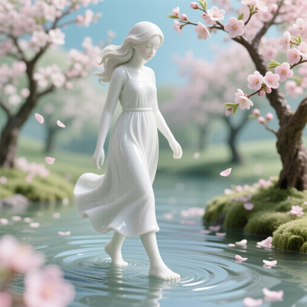 A serene young woman walking barefoot through shallow water in a blooming orchard, light catching the folds of her dress.