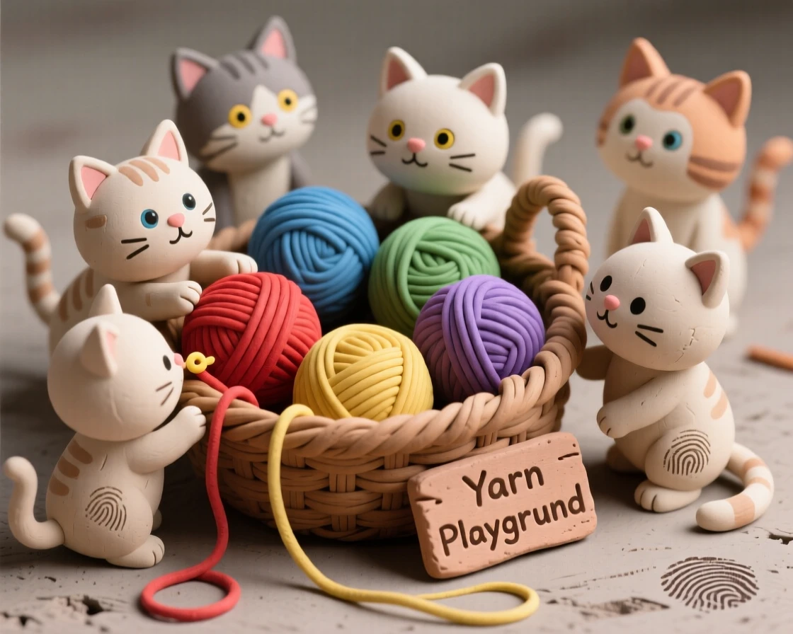 A litter of kittens exploring a basket of yarn balls