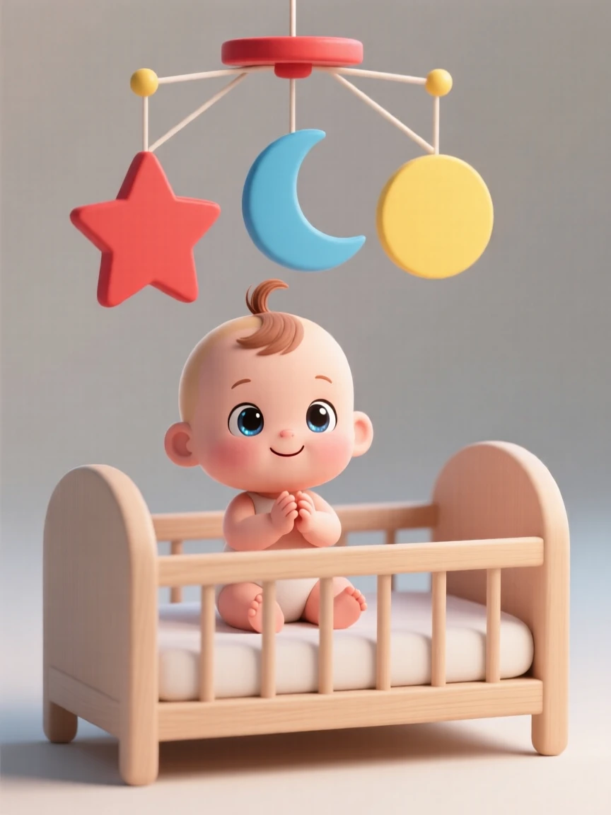 A baby girl claps her tiny hands together, eyes sparkling with delight at a colorful spinning mobile above her crib.