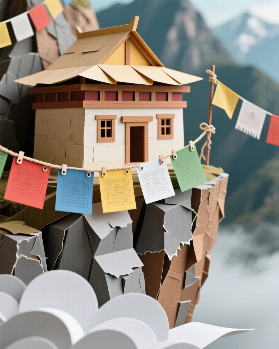 A serene mountain monastery perched on a sheer cliffside, prayer flags fluttering in the wind, clouds drifting below the structure, evoking spiritual peace.