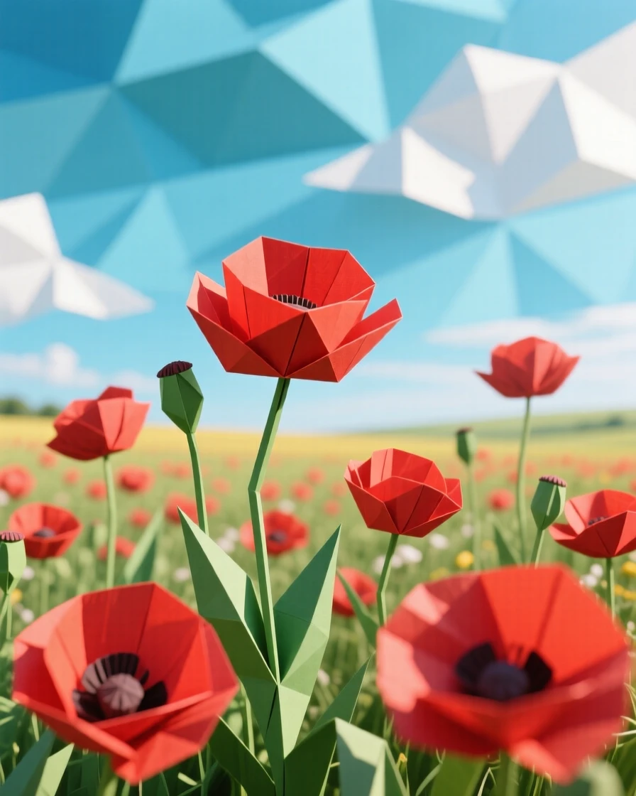 A field of poppies swaying in a warm summer breeze beneath a wide open sky.