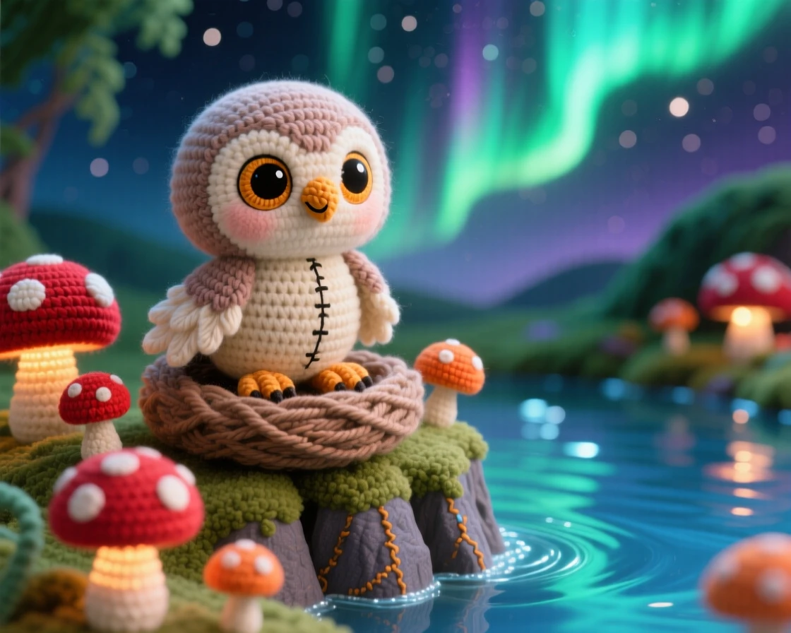 A charming portrait of a small baby harpy, with soft feathered arms and bright eyes, perched atop a cliffside nest beside a ring of softly glowing toadstools in a shimmering pond reflecting the northern lights, conveying a sense of gentle magic and quiet wonder.