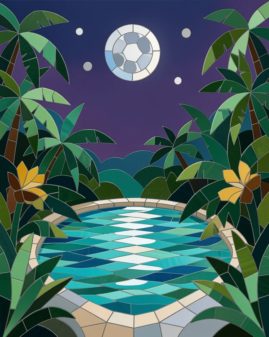 A hidden turquoise lagoon surrounded by dense tropical jungle, glowing under the silver light of a full moon.