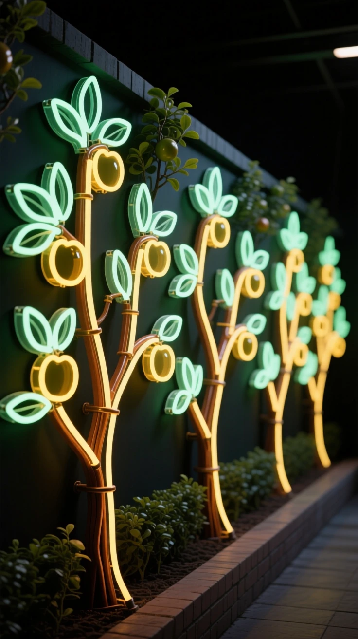 A row of espaliered fruit trees trained along a garden wall.