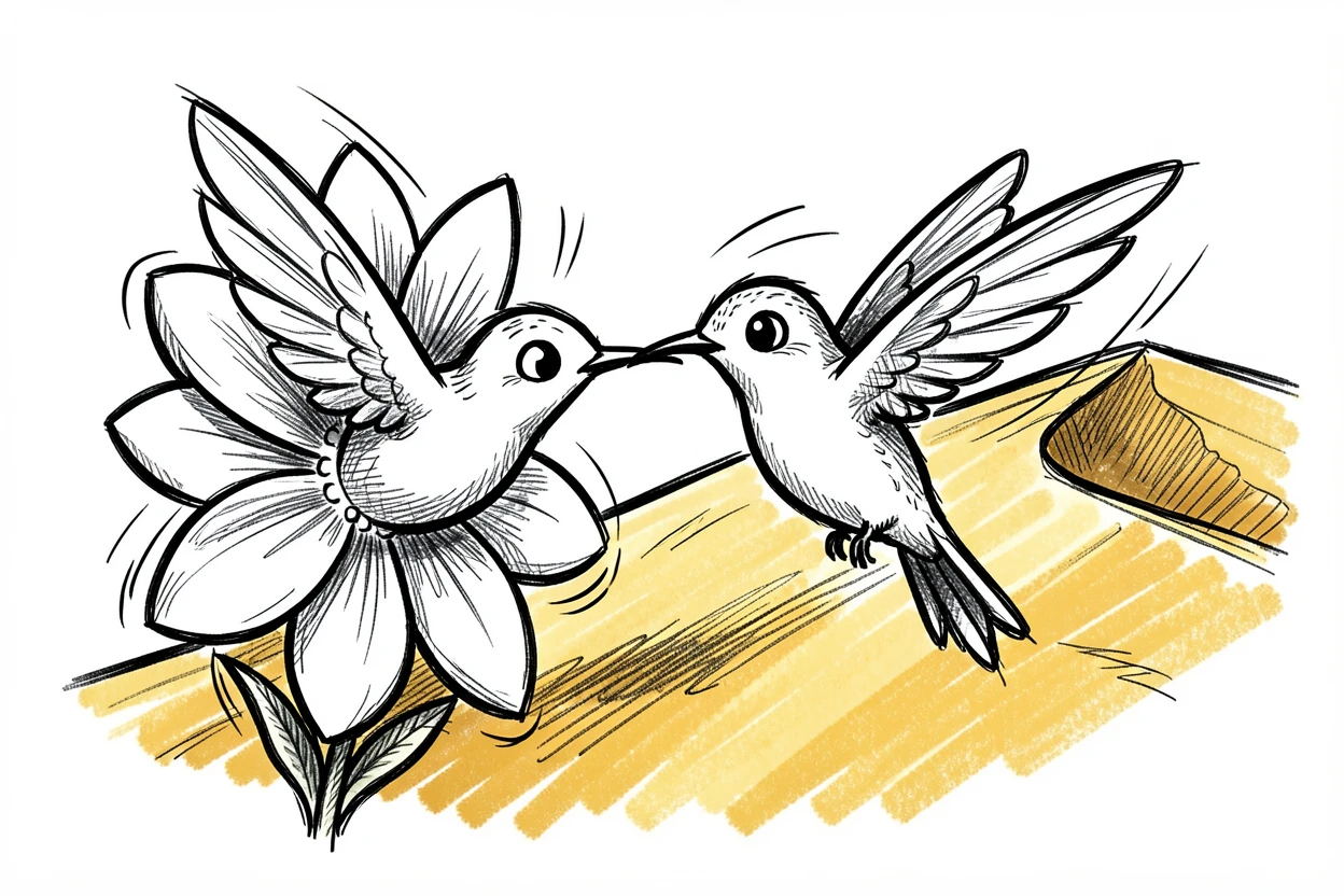 A hummingbird hovering by a flower across a golden desert dune.