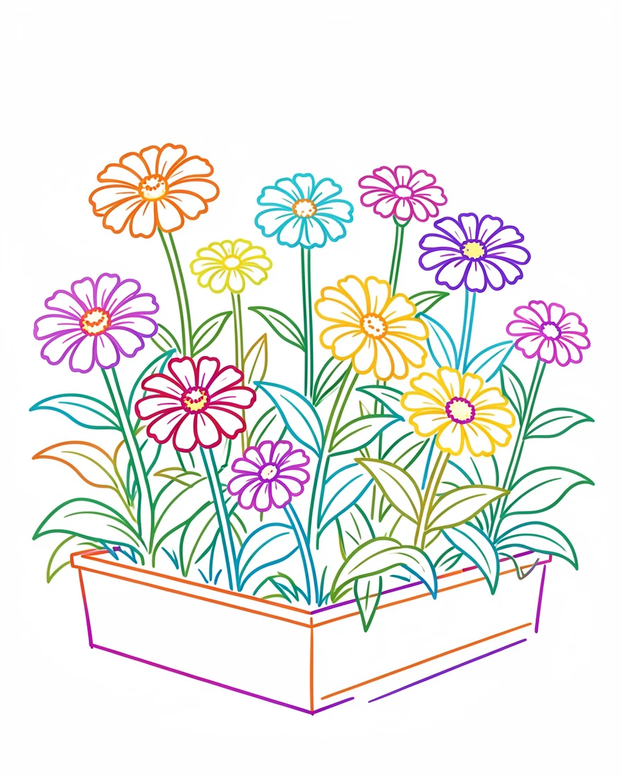 A garden bed of zinnias in bold overlapping colors.