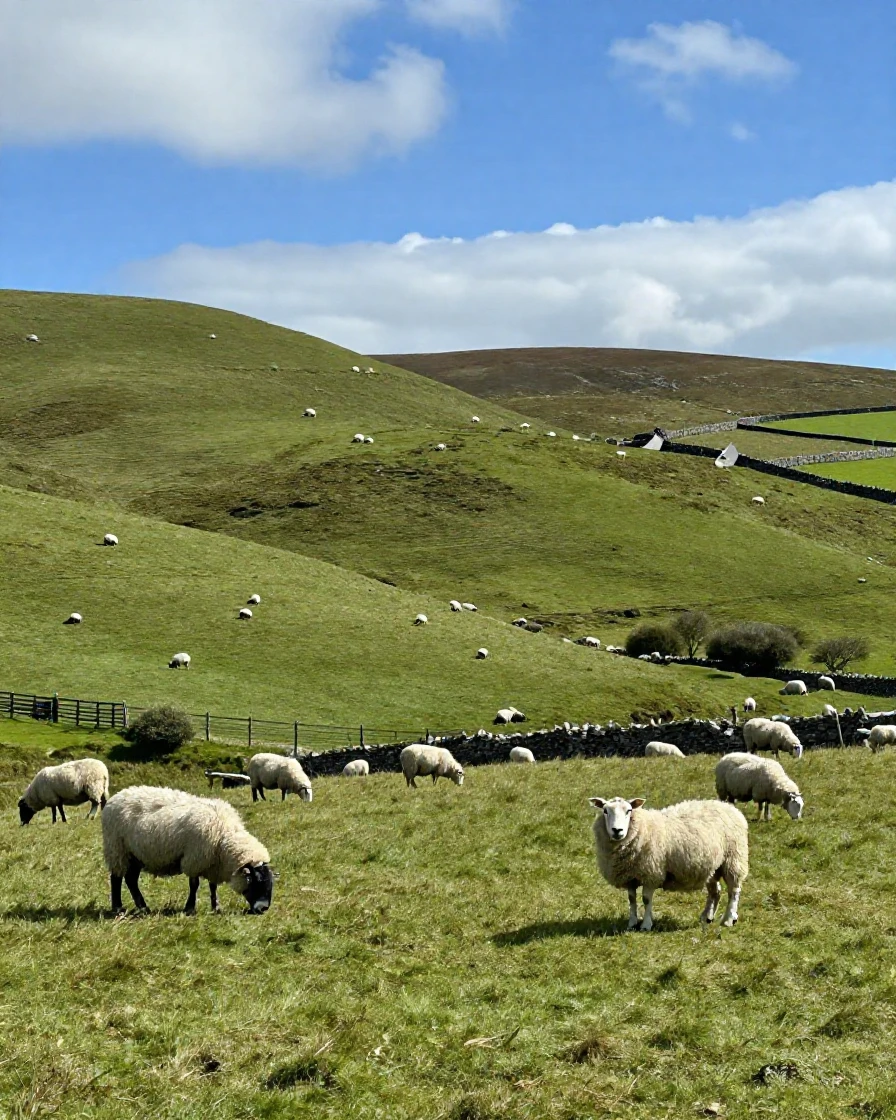 Rolling green hills dotted with grazing sheep in Ireland