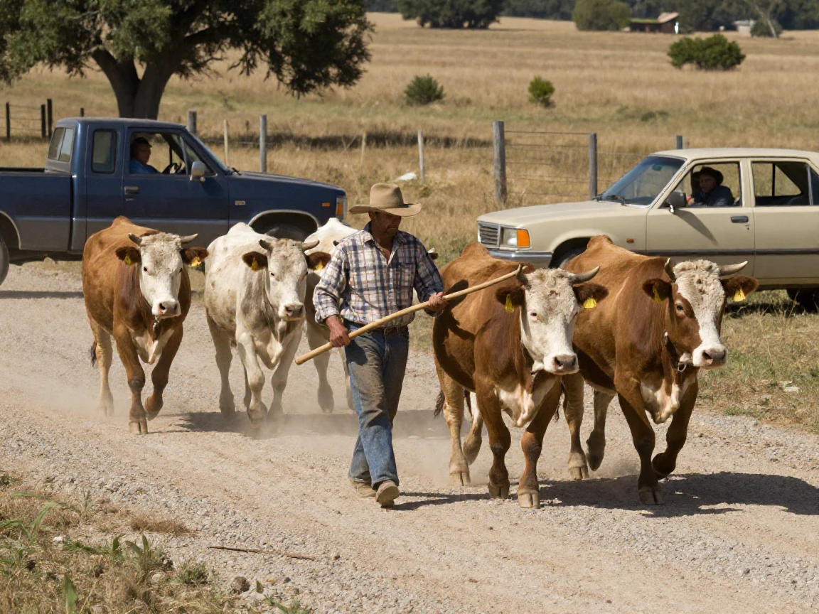 A farmer herds cattle across a dusty road as cars wait patiently.