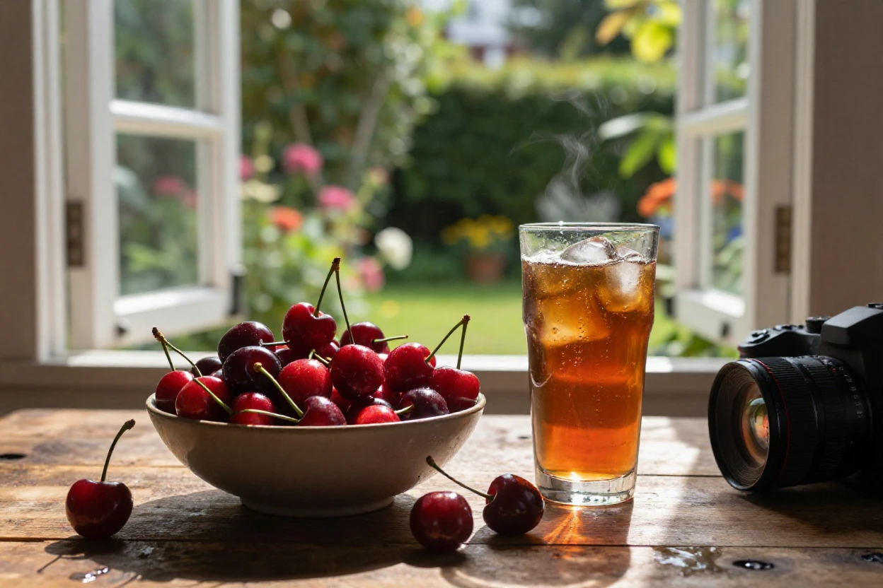 A bowl of ripe cherries piled beside a chilled glass of tea, ready to be shared, beside an open window overlooking the garden