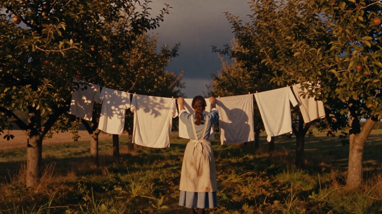 A farmer's wife hanging laundry between two apple trees, under soft golden-hour light, under a darkening storm sky, in the mild days of early autumn, dominated by warm amber and rust tones, framed symmetrically down a long corridor.