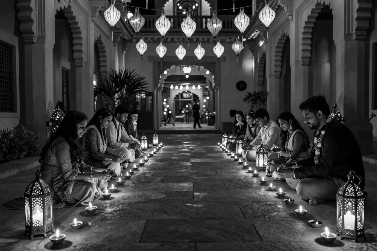 A Diwali celebration fills a courtyard with rows of oil lamps along a lantern-lined street.