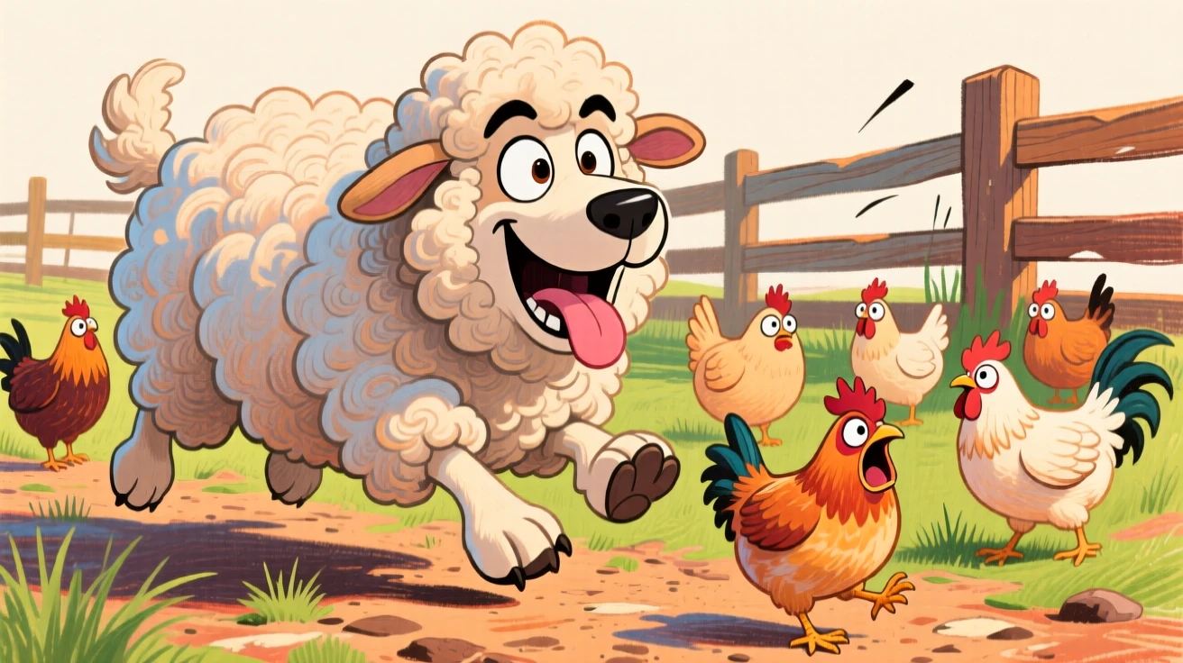 A fluffy sheepdog herding a group of confused chickens across a farmyard.