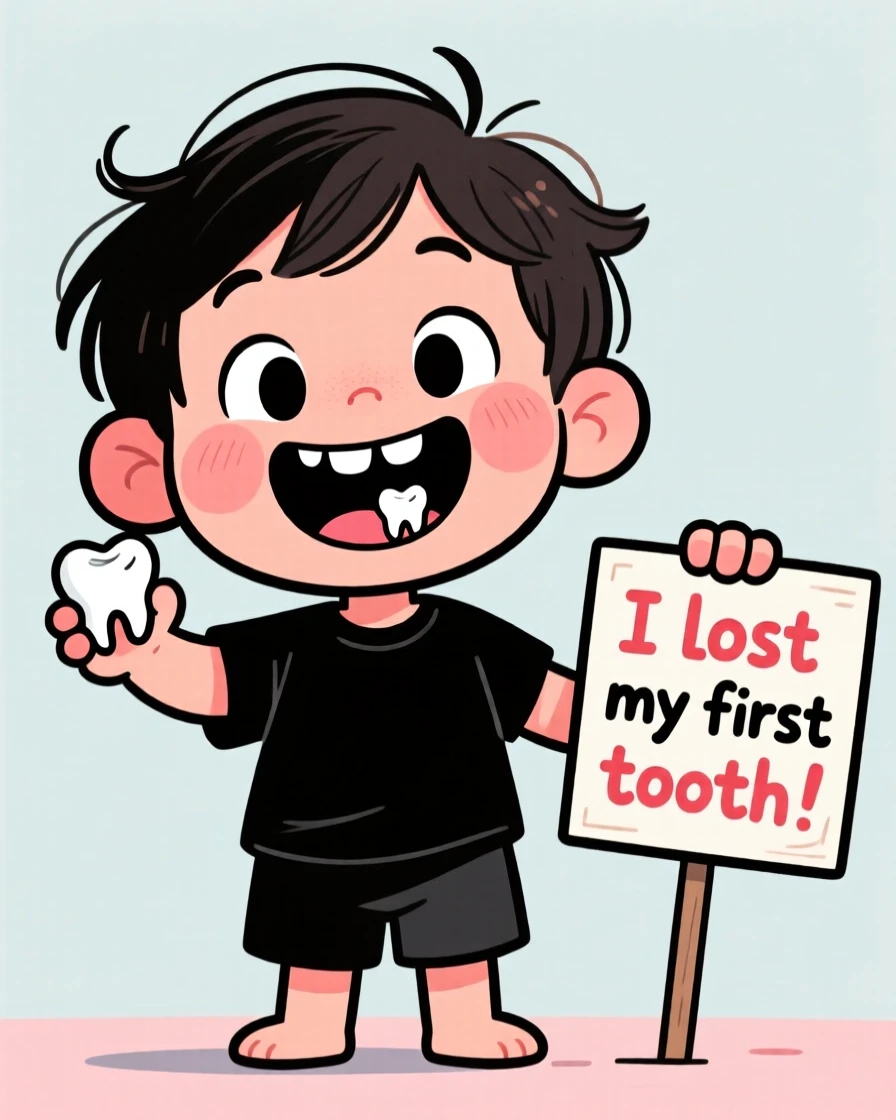 A heartwarming moment depicting a child proudly showing off a wobbly, gap-toothed grin after losing their first tooth.