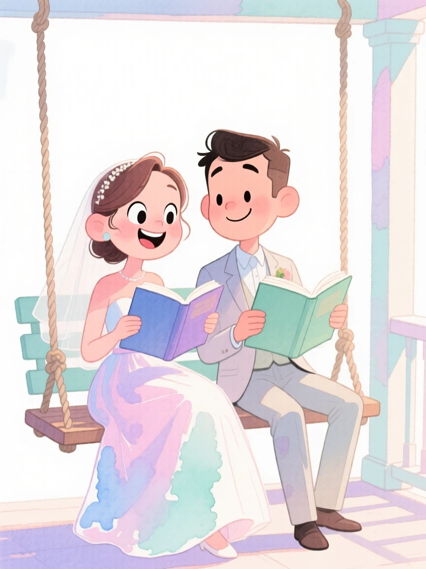 Newlyweds reading the same book together on a porch swing
