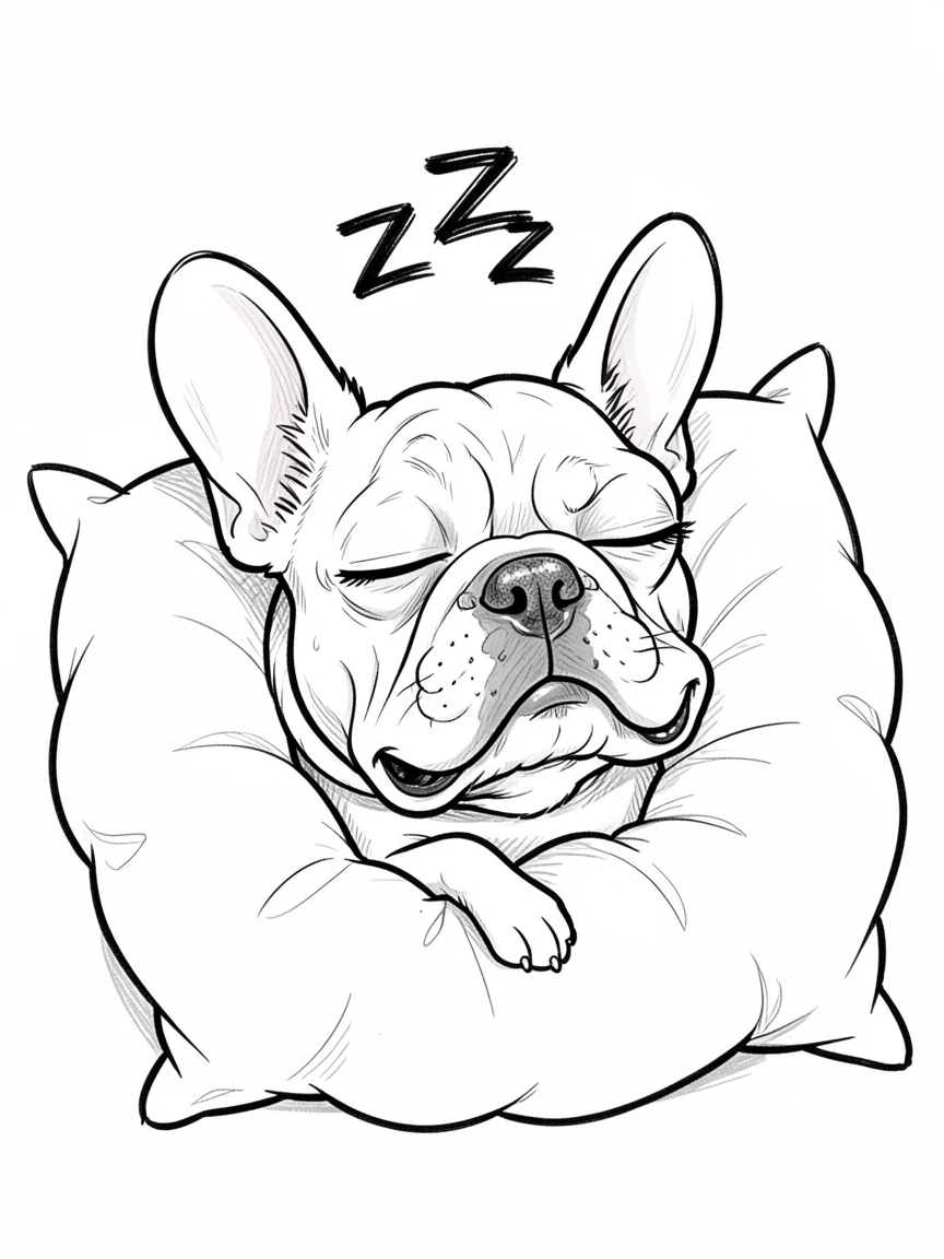 [Cute Animals & Pets] Adorable scene of a sleepy French bulldog snoring on a fluffy pillow, bursting with charm and playful energy
