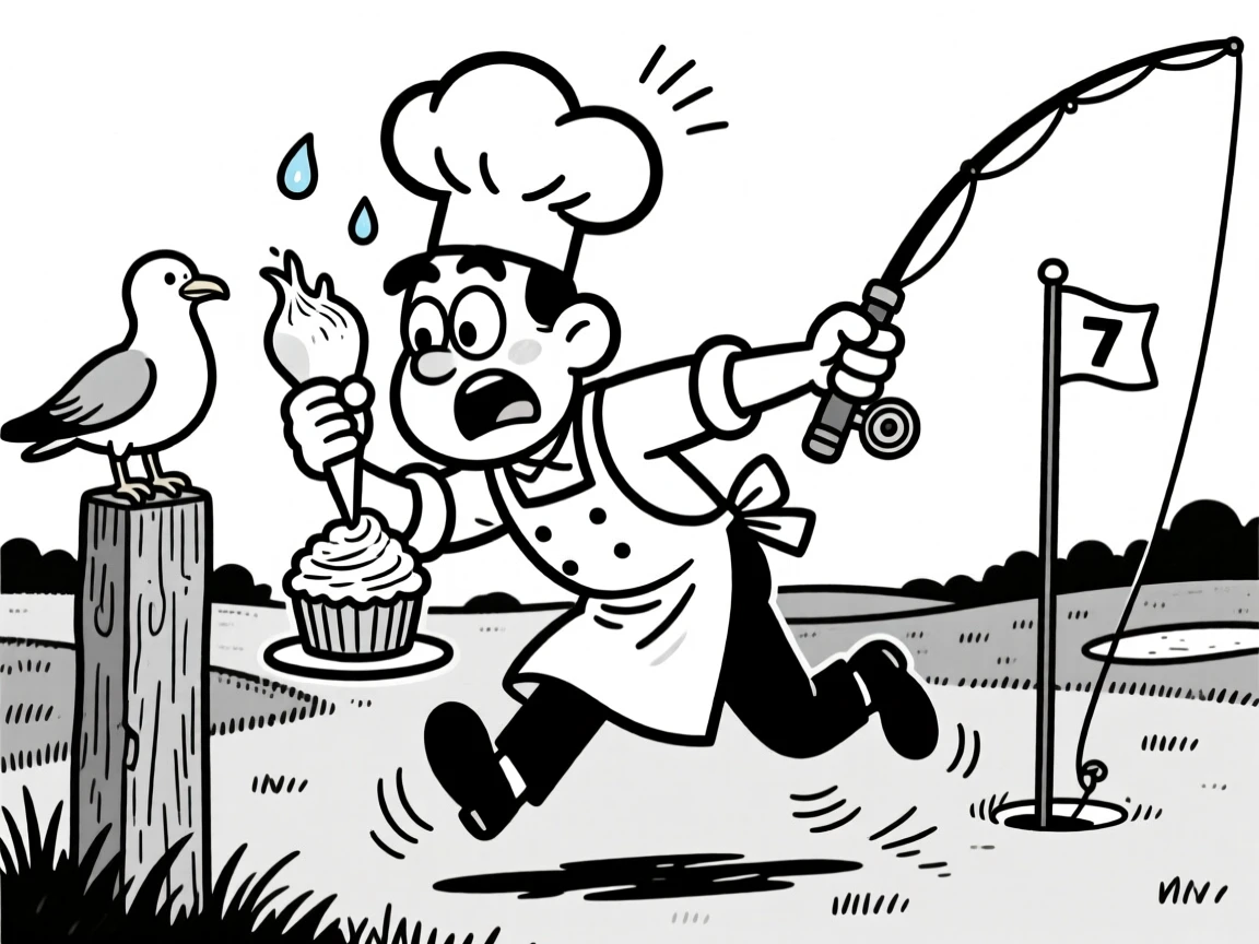 A baker piping frosting with surgeon-like precision, getting yanked forward by the fishing rod, set on a lush green golf course. A seagull watches the chaos from a nearby post. There's pure, giddy passion radiating from the scene.