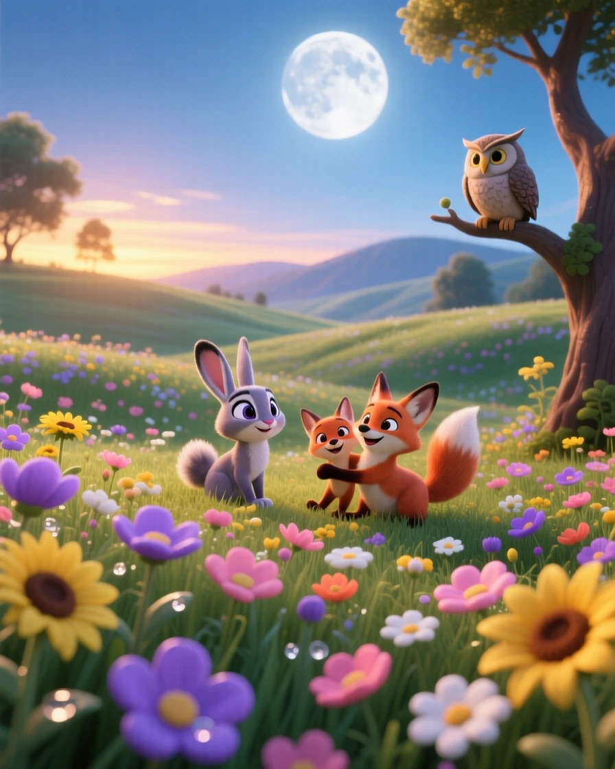 A field of wildflowers glows as the moon rises slowly above the horizon, with wildflowers scattered across the foreground. A gentle reverence for nature's beauty lingers here.