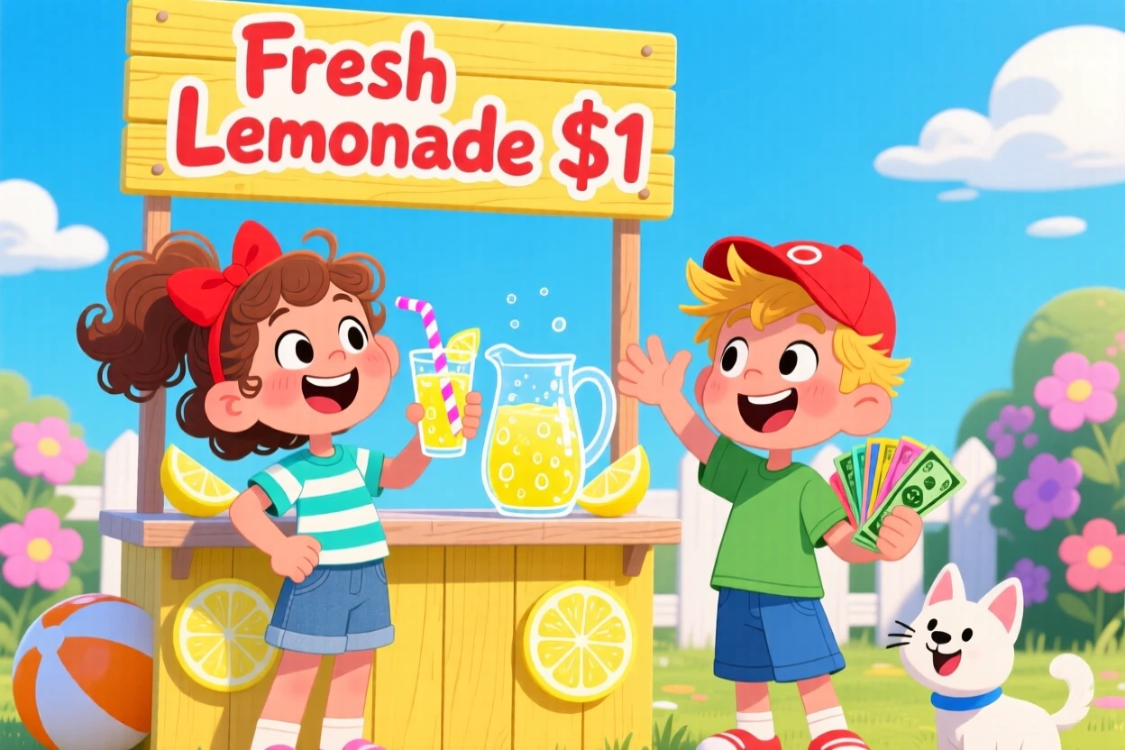A summer lemonade stand run by two excited kids.