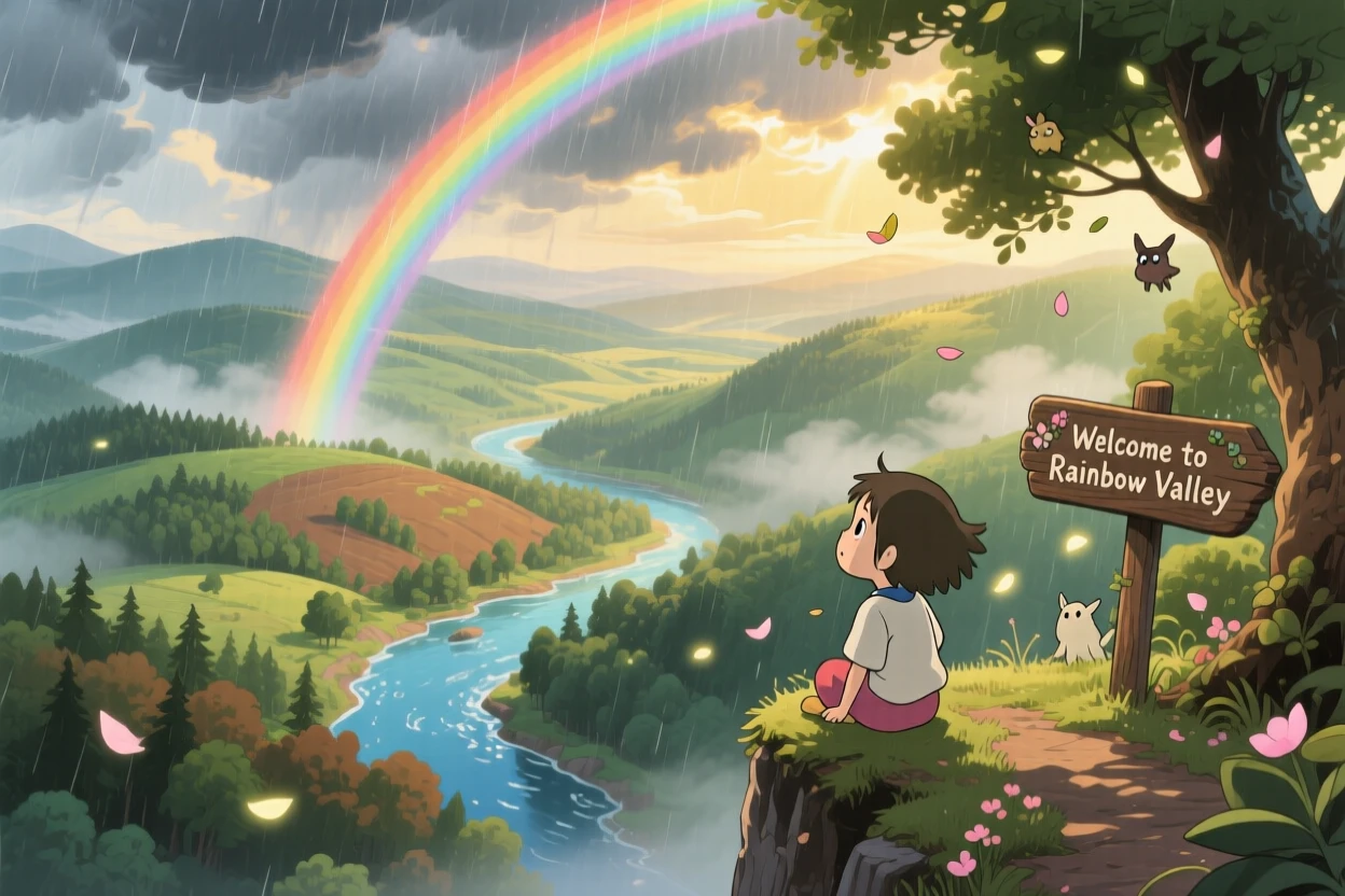 A stunning view of a rainbow stretching across a valley after a storm, seen from high above, sweeping and vast.