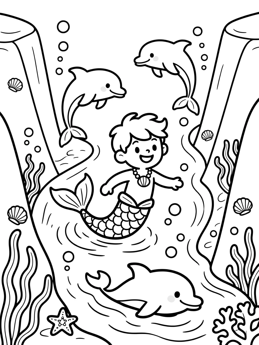 A merboy racing dolphins through an underwater canyon