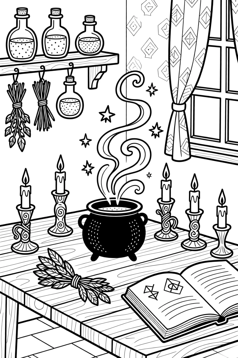 A witch's altar with candles, herbs, and a small cauldron, with a swirl of magical energy crackling in the air.