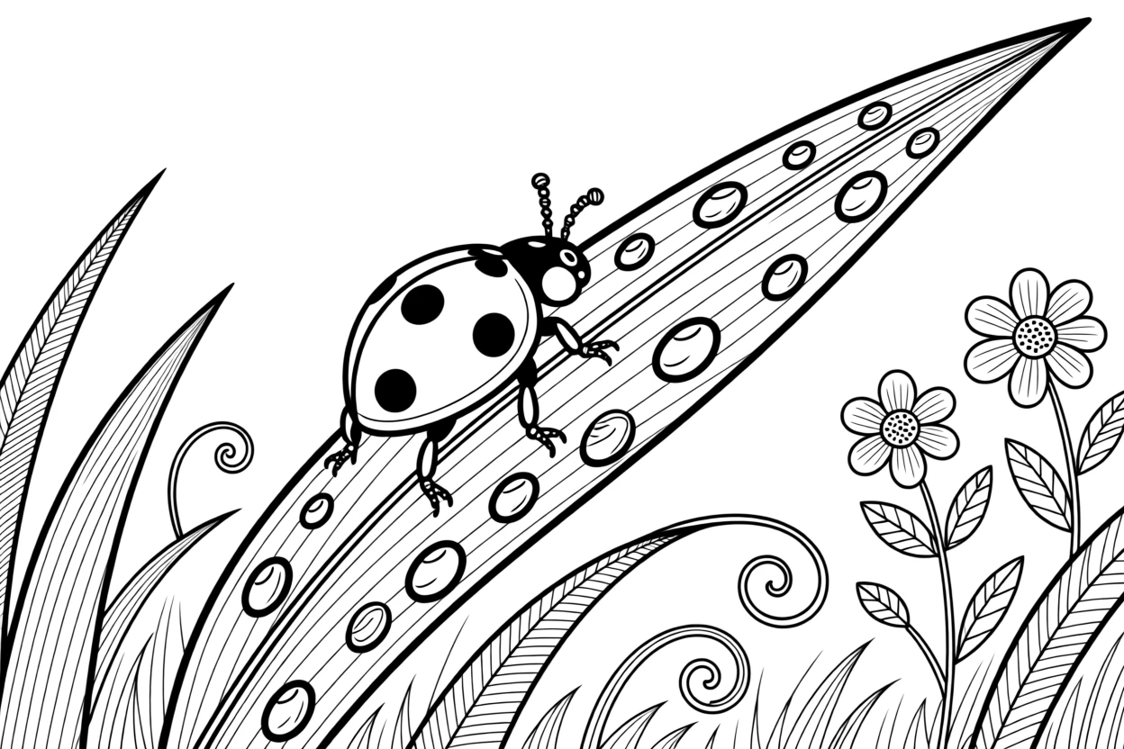 A ladybug climbing a blade of grass beaded with morning dew.