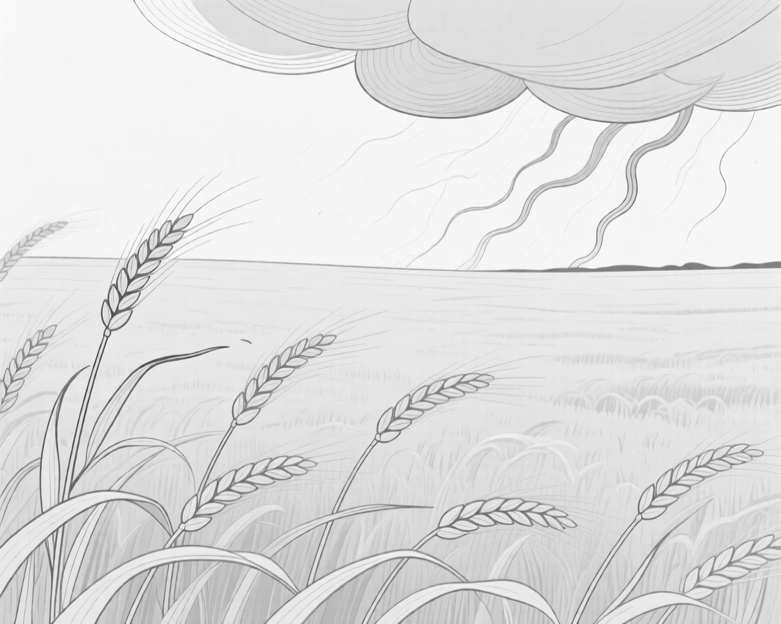 A field of golden wheat rippling in the wind before a storm
