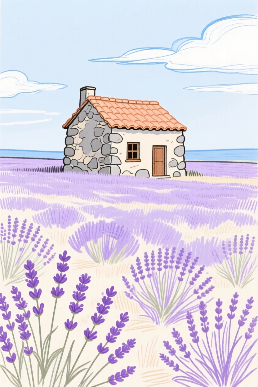 A field of lavender with a small stone cottage in the distance.