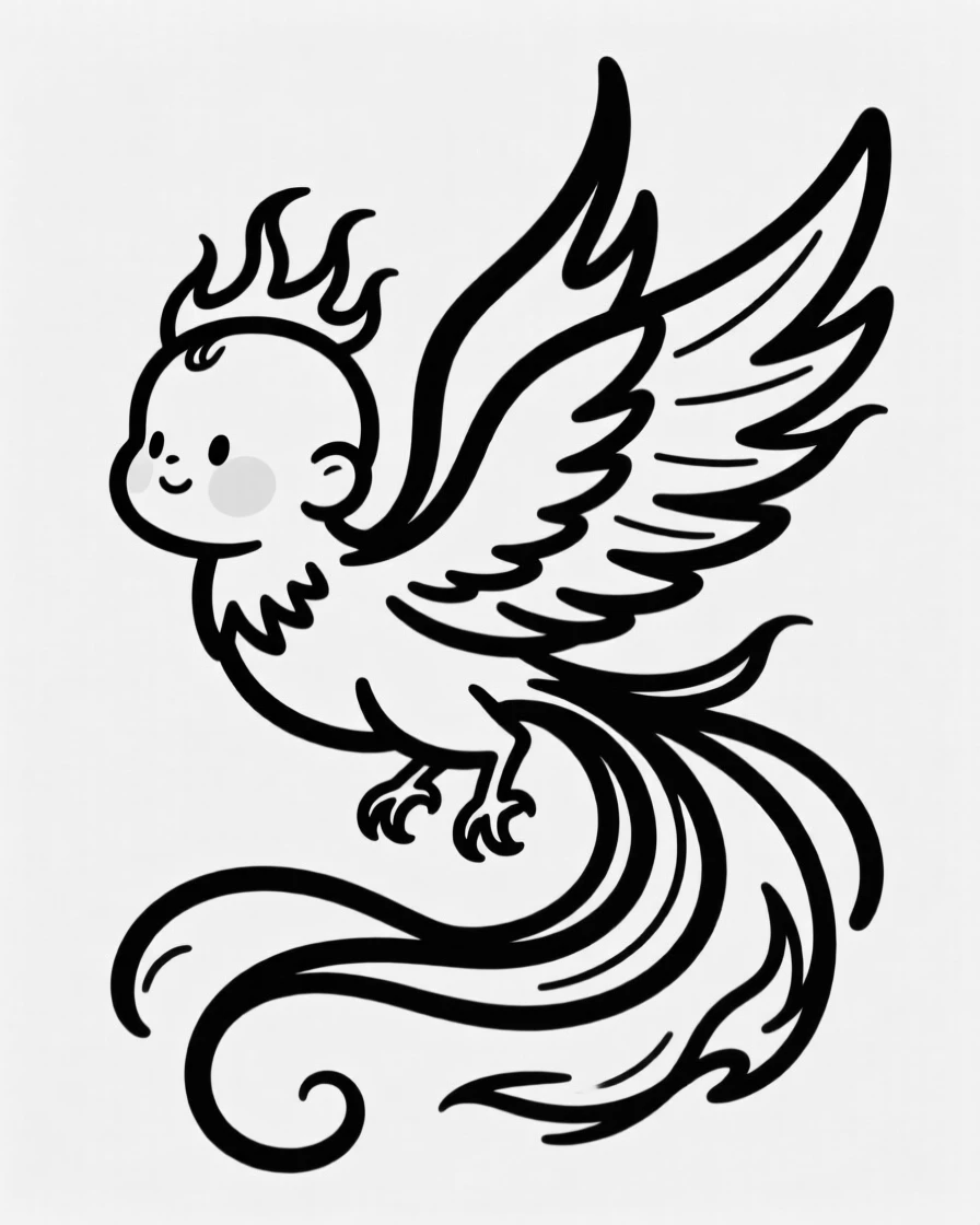 A baby phoenix character with tiny flickering flame feathers.