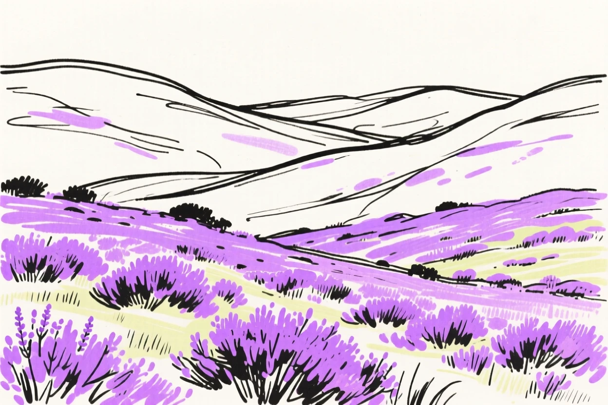 A field of purple heather covering rolling Scottish hills.