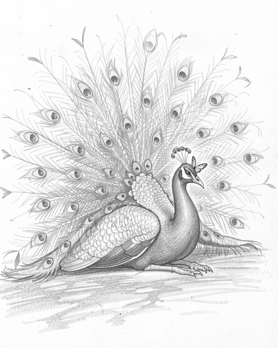 A proud peacock with tail fanned napping in a patch of warm sunlight, with a butterfly resting on its nose.