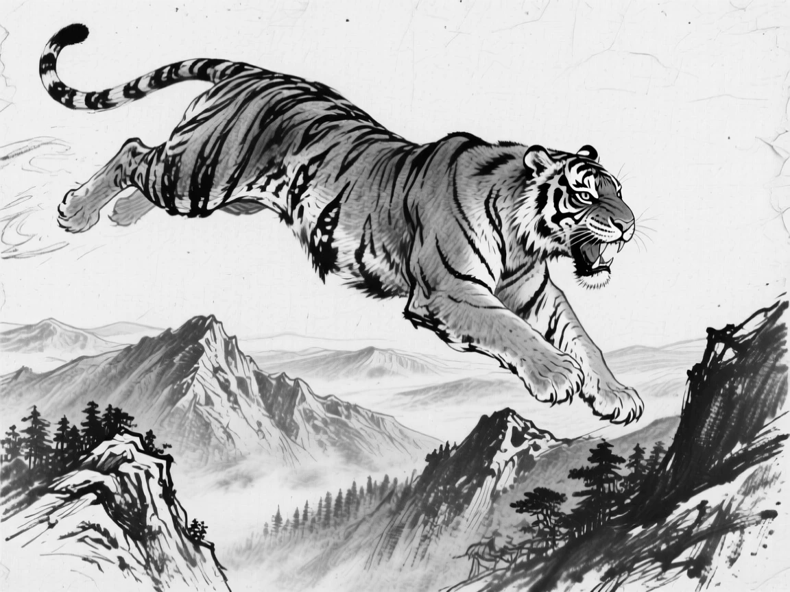 A tiger soaring high above a mountain valley.