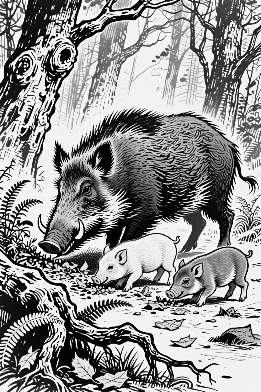 A wild boar family foraging along the edge of a dense forest.