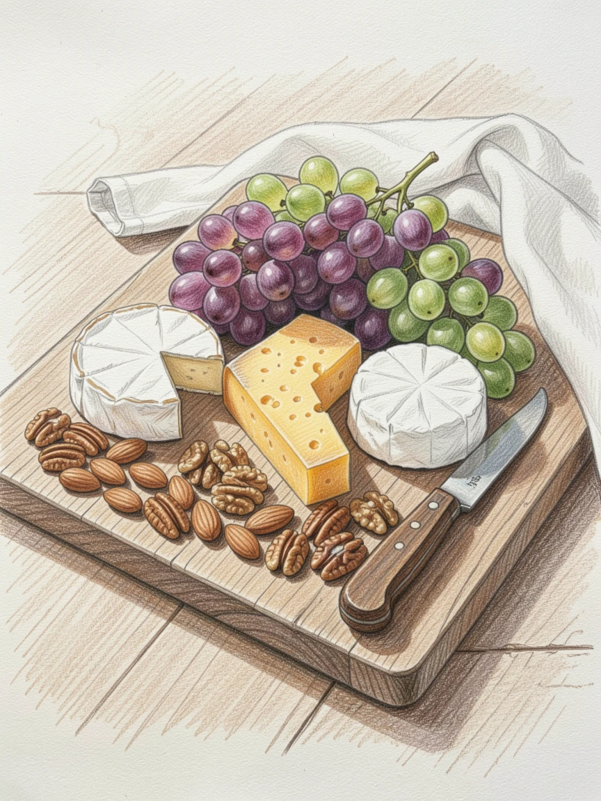 A rustic charcuterie board arranged with cheeses, grapes, and nuts, with soft natural light highlighting the textures of the food, capturing a quiet, satisfying morning ritual.