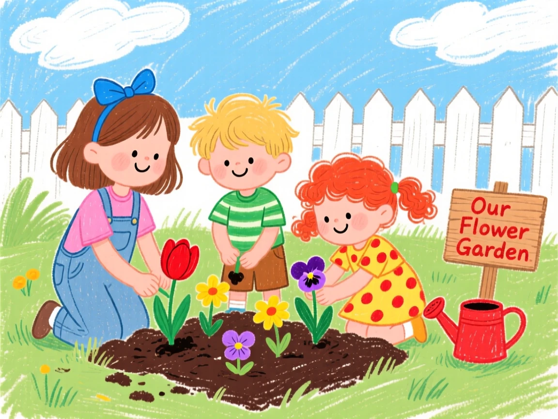 A group of young siblings planting flowers together in a backyard garden.