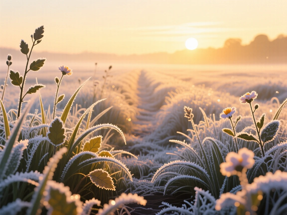 A frost-covered meadow glittering in early morning light, under warm golden hour lighting, composed with strong leading lines drawing the eye inward, with delicate textures visible in every leaf and petal.