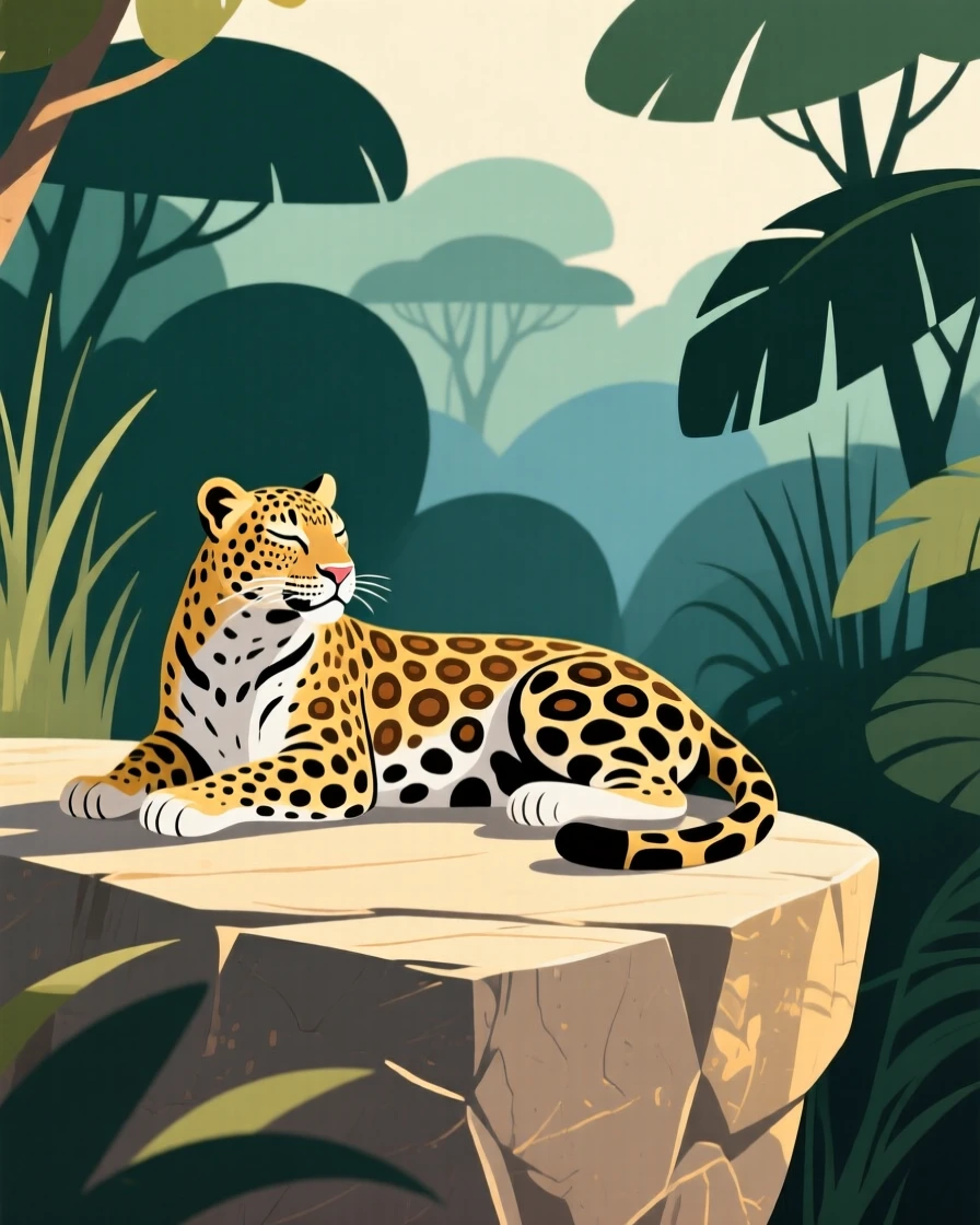 A majestic leopard resting on a sunlit ledge overlooking the dense jungle.