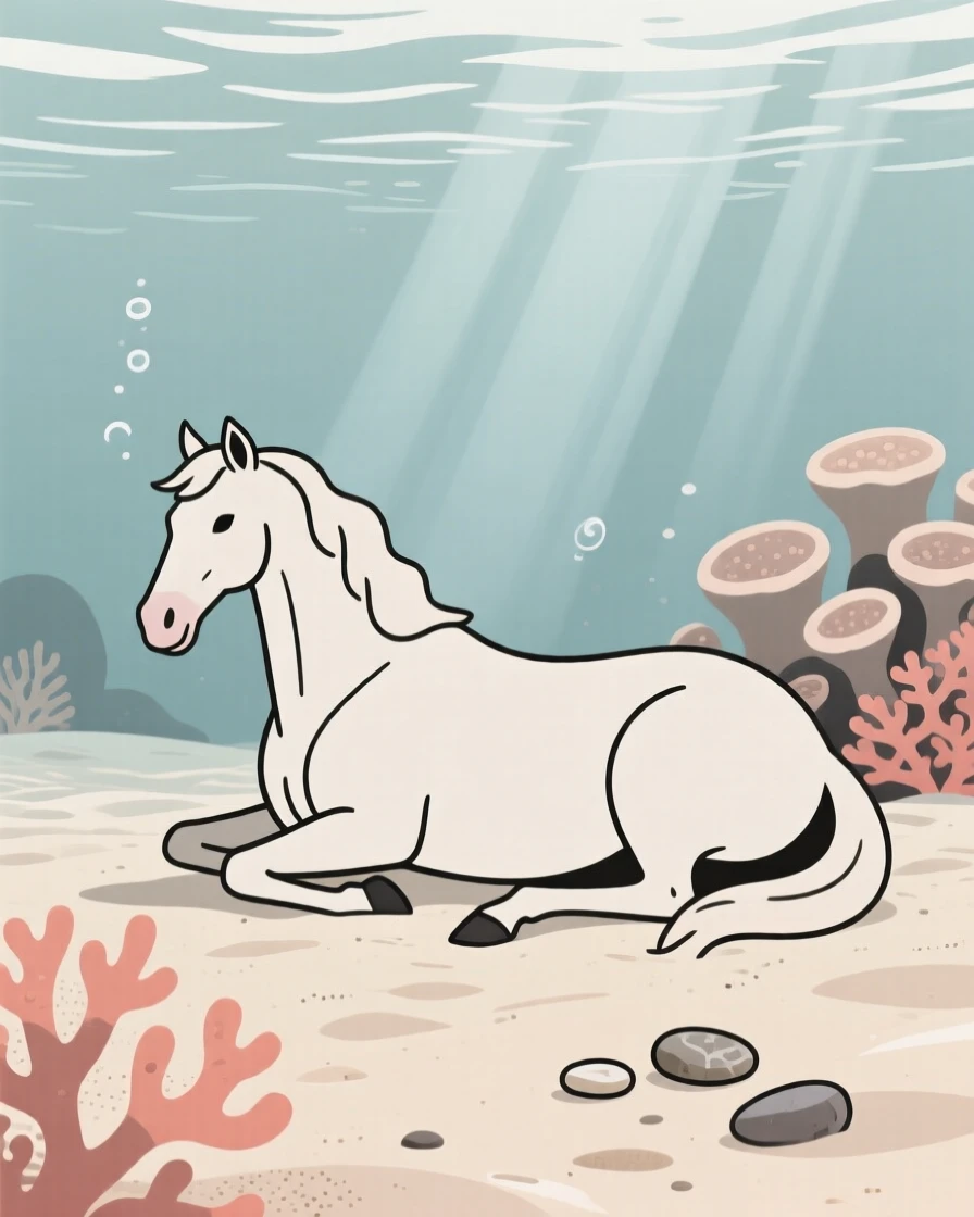 A wild horse settling in as the light fades in a coral reef, near a cluster of pebbles, giving off a sense of playful energy.