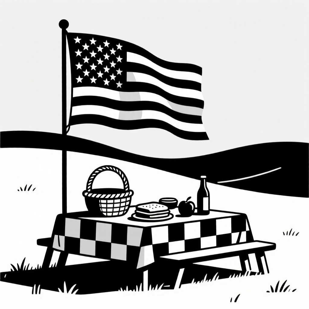 A Fourth of July picnic with an American flag waving.