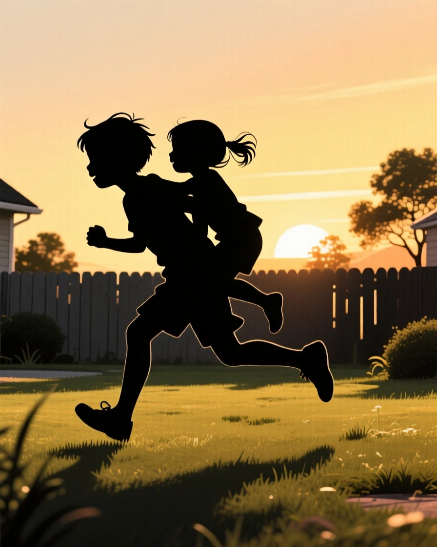 Two young siblings racing piggyback style across a sunlit backyard, both laughing.