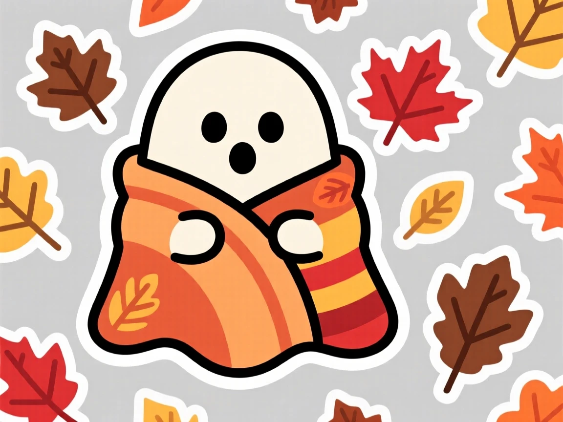 A curious round ghost with tiny arms wrapped in a cozy blanket burrito, among scattered autumn leaves.