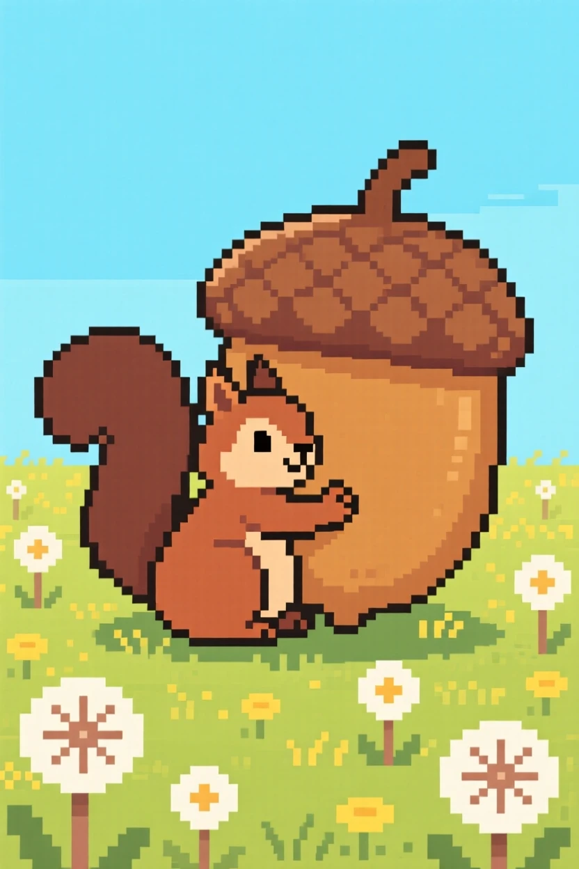 A squirrel with an acorn hugging a giant acorn, in a meadow full of dandelions.
