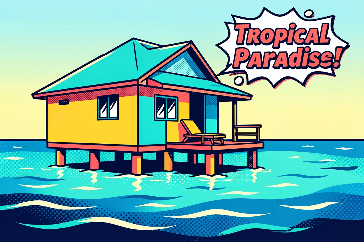 An overwater bungalow surrounded by clear lagoon water