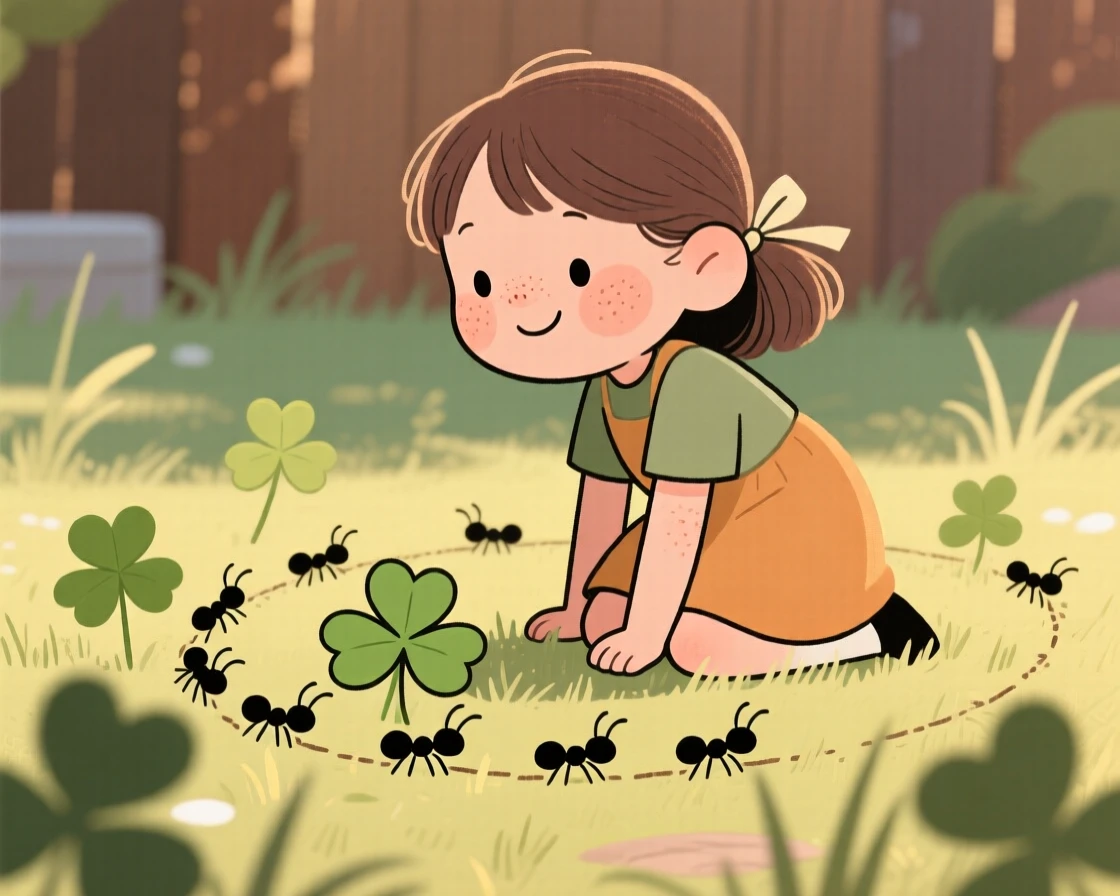 A curious young girl kneels beside a trail of ants in the backyard patch of clover, watching intently as it spins in a lazy circle.