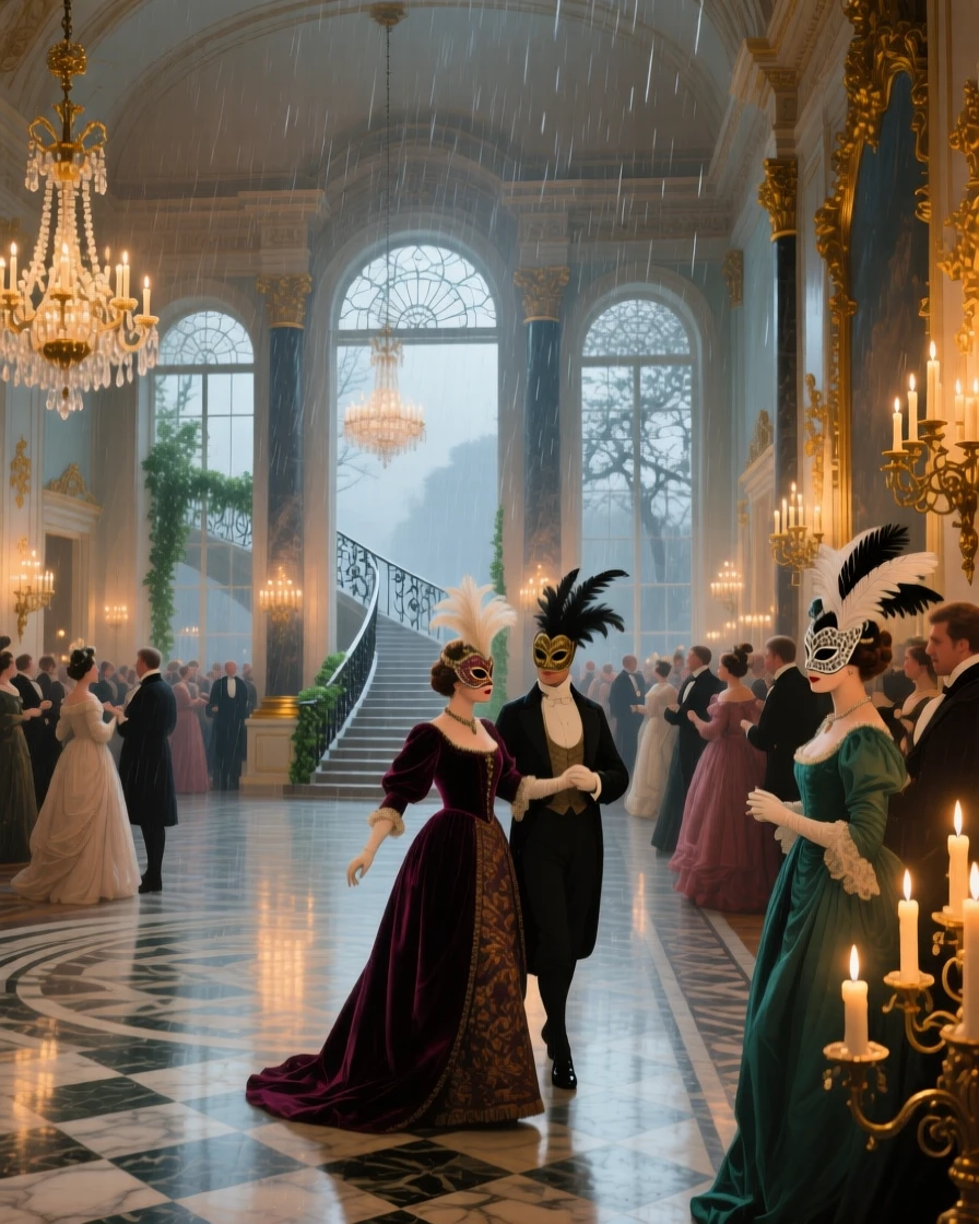 A broad landscape view of a masquerade ball in a candlelit grand hall, during a gentle spring shower, in the quiet stillness of midwinter.